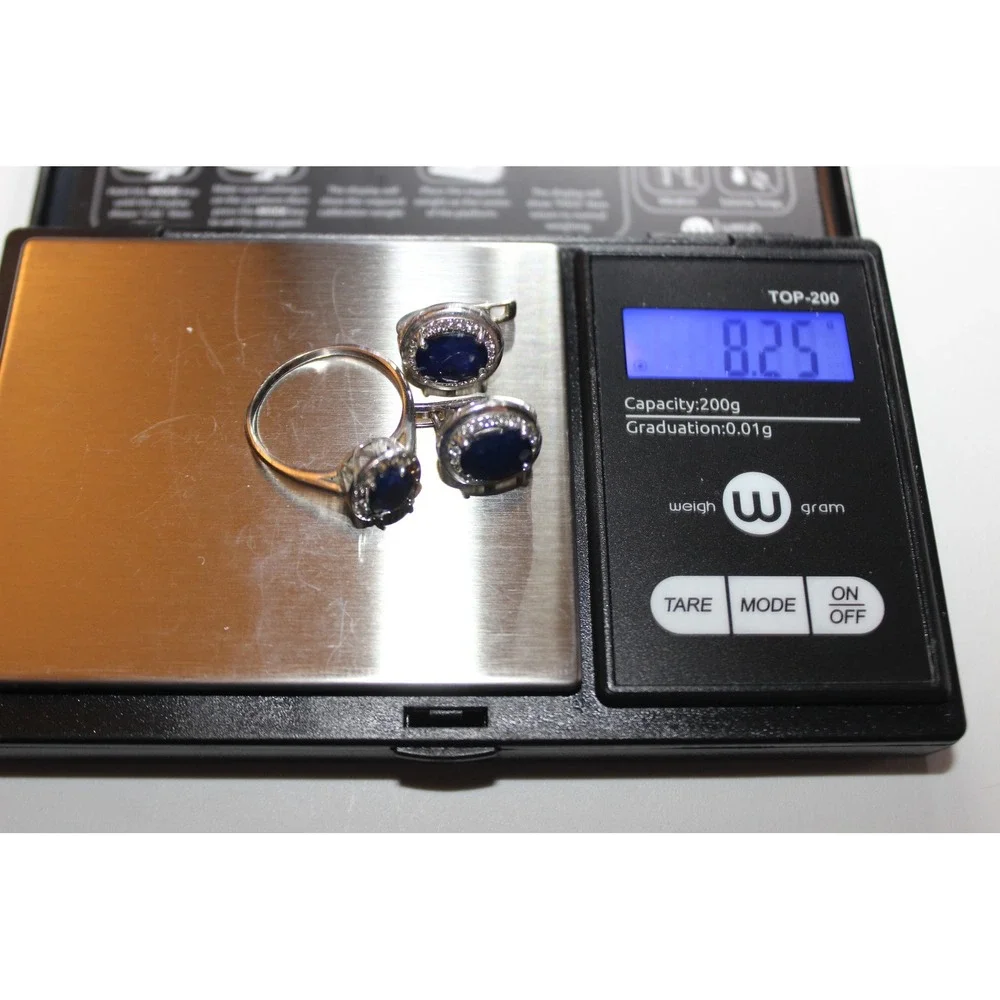 Sterling Silver 925 Blue Sapphire Halo Ring and Earrings Jewelry Set Size 9
